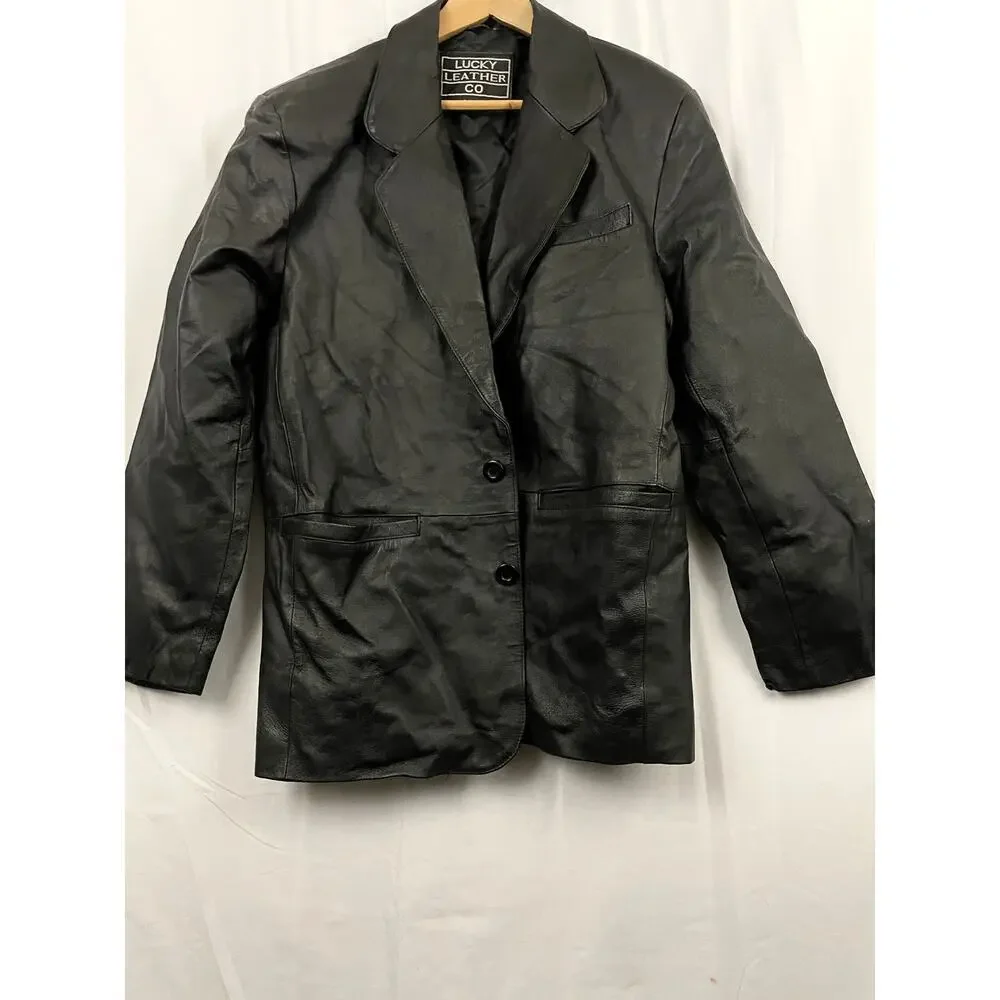 VTG Black Genuine Leather Jacket LARGE Lined Button Collar Lucky Leather Company